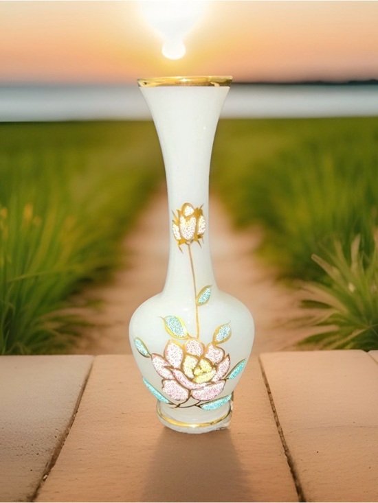 Other - Vtg Satin Frosted Glass 8" Bud Vase Sugar Bead Floral Hand Painted Gold Trim